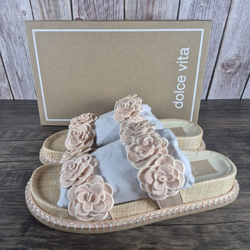 Dolce Vita Sherla Slide Sandals Praline Raffia Floral Rosette Women's Sz 8.5 NIB